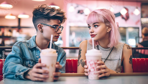 Young romantic hipster couple drinking pink milkshake in retro diner. American fast food diner, Vintage 80s 70s design. Pink Restaurant photo