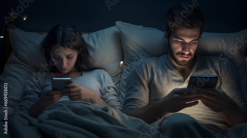 Young couple lying in bed while using smart phones, bored distant couple ignoring each other while using mobile phones. Addiction to social media and technology photo