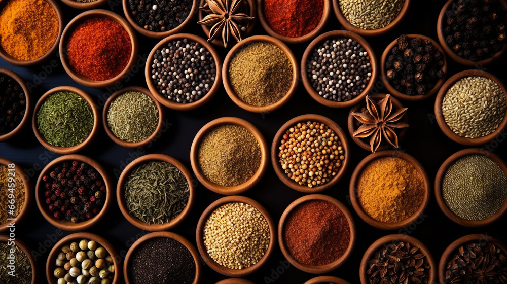 Collection of different aromatic spices and herbs in a wooden plates on dark background, view from above. Generative AI Collection of different aromatic spices and herbs in a wooden plates on dark background, view from above. Generative AI