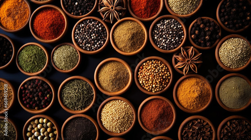 Collection of different aromatic spices and herbs in a wooden plates on dark background, view from above. Generative AI