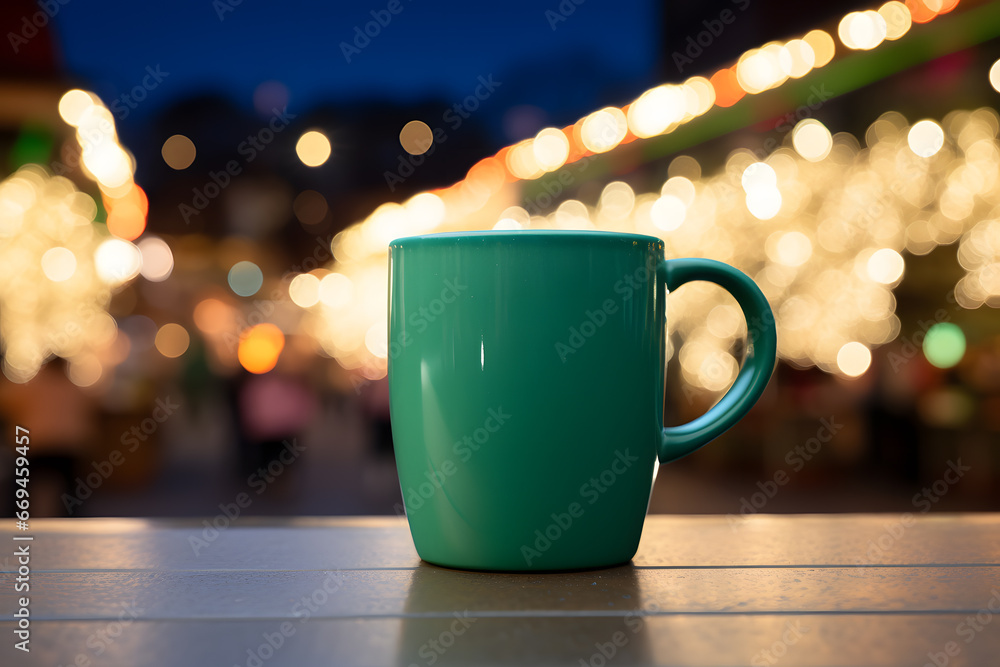 Single green mug with mulled spiced wine served at Christmas market Single green mug with mulled spiced wine served at Christmas market