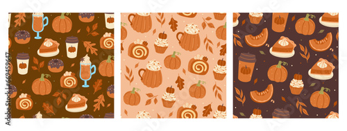 Collection of seamless autumn patterns with pumpkin drinks and food. Vector graphics.