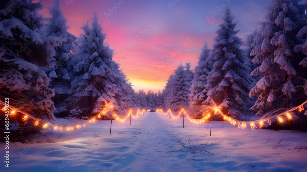 Colorful Christmas lights on spruce and fir trees covered with snow inside a winter forest in the evening with sunset.