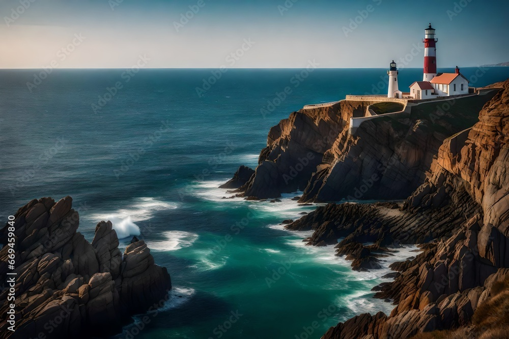 A charming lighthouse that faces a stony shore.