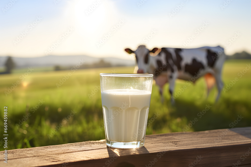 Glass of milk with black and white cow on meadow in blurry background Glass of milk with black and white cow on meadow in blurry background
