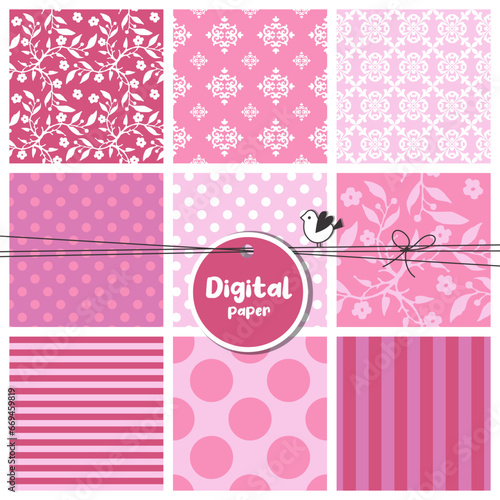 Digital papers, Set of seamless patterns, flowers, dots, stripes, square swatches