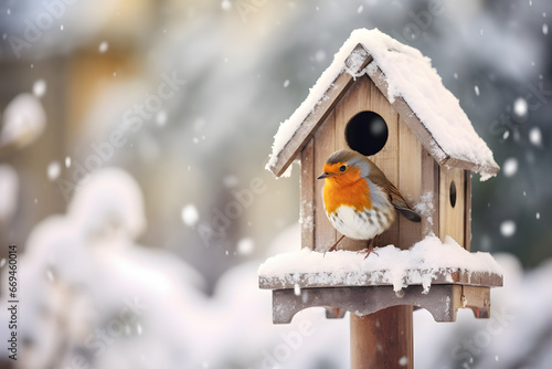 Cute small bird next to feeding house in snow during winter photo