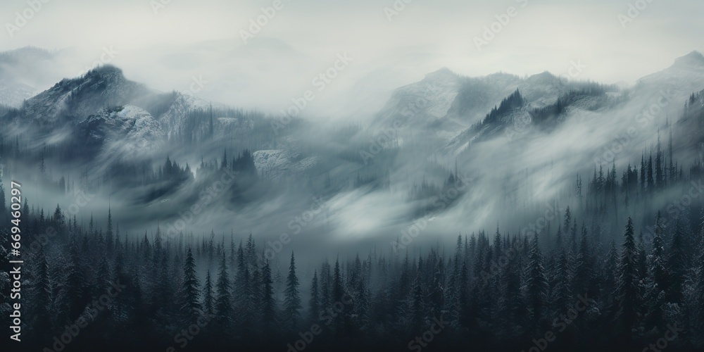 AI Generated. AI Generative. Mist magic snowy mountain range with forest. Fog in the morning landscape background nature. Graphic Art