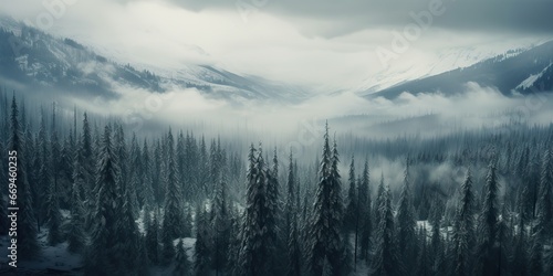 AI Generated. AI Generative. Mist magic snowy mountain range with forest. Fog in the morning landscape background nature. Graphic Art