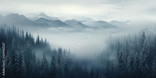 AI Generated. AI Generative. Mist magic snowy mountain range with forest. Fog in the morning landscape background nature. Graphic Art © AkimD