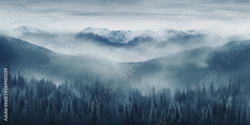 AI Generated. AI Generative. Mist magic snowy mountain range with forest. Fog in the morning landscape background nature. Graphic Art