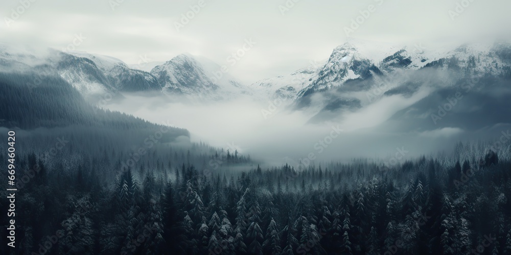 AI Generated. AI Generative. Mist magic snowy mountain range with forest. Fog in the morning landscape background nature. Adventure hiking tour promotion