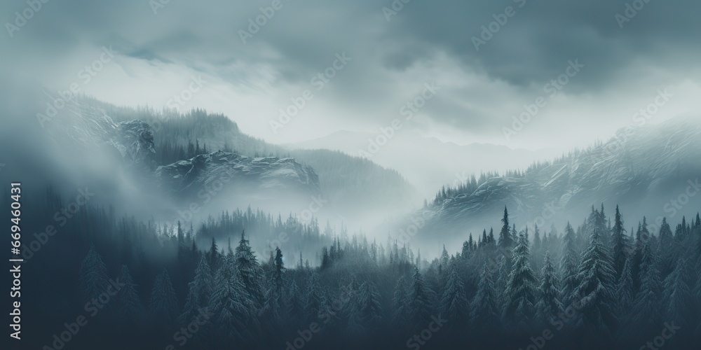 AI Generated. AI Generative. Mist magic snowy mountain range with forest. Fog in the morning landscape background nature. Adventure hiking tour promotion - obrazy, fototapety, plakaty 