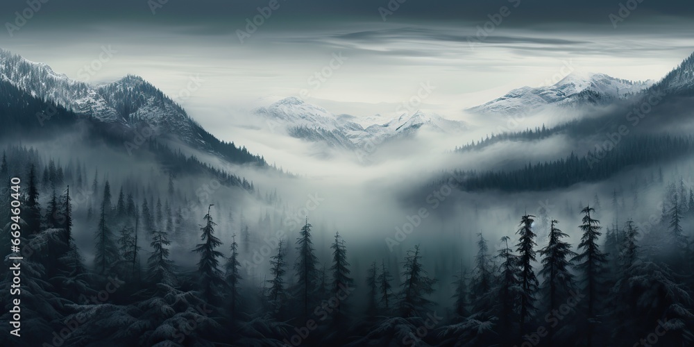 AI Generated. AI Generative. Mist magic snowy mountain range with forest. Fog in the morning landscape background nature. Adventure hiking tour promotion AI Generated. AI Generative. Mist magic snowy mountain range with forest. Fog in the morning landscape background nature. Adventure hiking tour promotion