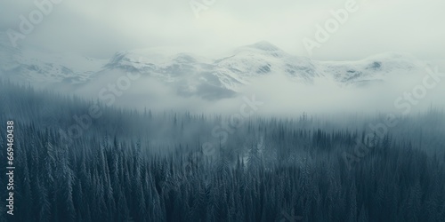 AI Generated. AI Generative. Mist magic snowy mountain range with forest. Fog in the morning landscape background nature. Adventure hiking tour promotion © Graphic Warrior