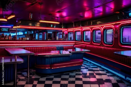 A vintage diner featuring neon signs and checkered floors.