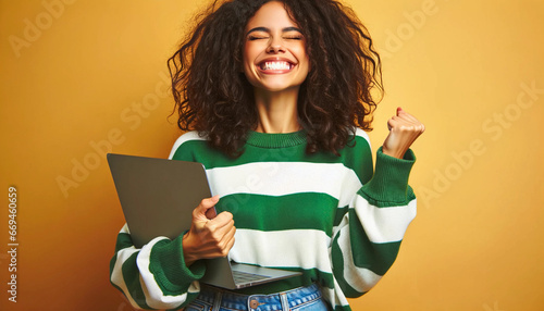 A woman with voluminous curls experiences strong emotions, possibly elation or excitement. She tightly holds a laptop in front of her, which might indicate a reaction to something on the device.