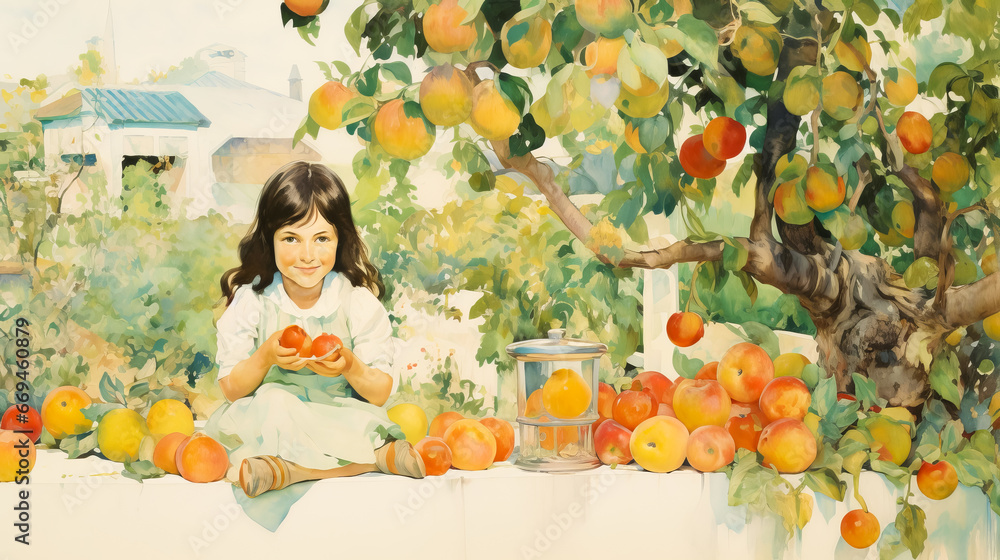 illustration of little girl picking apples on a garden. Outdoor fun for children. Healthy nutrition illustration of little girl picking apples on a garden. Outdoor fun for children. Healthy nutrition