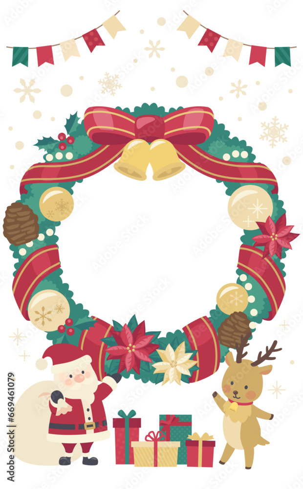 Fototapeta premium クリスマスリースのイラストフレーム_縦4