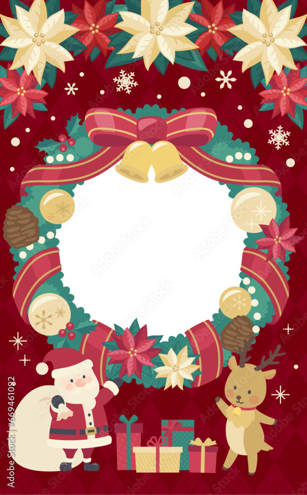 Fototapeta premium クリスマスリースのイラストフレーム赤背景_縦3