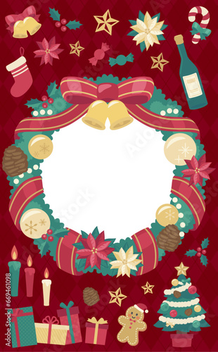 クリスマスリースのイラストフレーム赤背景_縦5