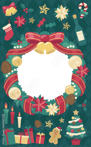 クリスマスリースのイラストフレーム緑背景_縦5
