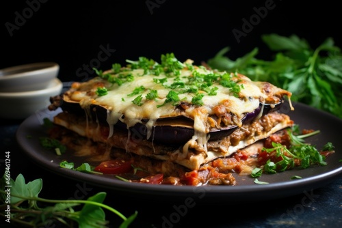 Savory Eggplant lasagnas. Dinner meal cuisine. Generate Ai