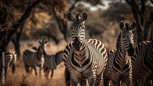 AI illustration of A herd of zebras congregating together in a scenic African wilderness setting