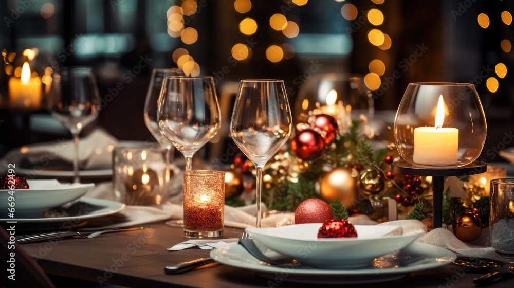 Glasses of champagne on the festive table on blurred cozy house room background with bokeh lights