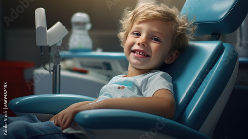 Close up smiling child boy portrait sitting on a chair in a stomotologist room  photo