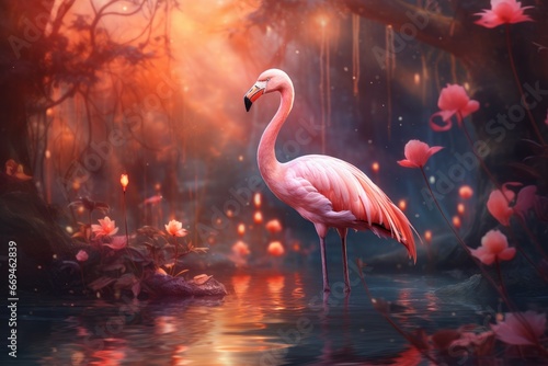 Whimsical Flamingo dreamy forest. Animal beauty. Generate Ai