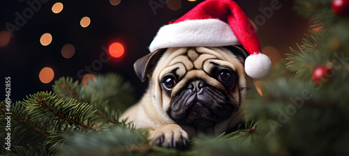 dog pug in Santas hat on Christmas tree background