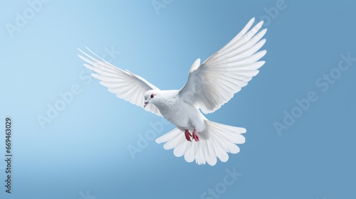 Flying white dove on a isolated blue background, peace and freedom symbol bird