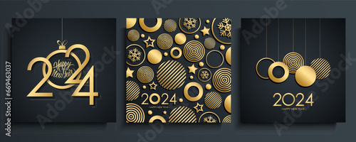 2024 Happy New Year greeting cards. New Year holiday greetings with hand drawn lettering and golden Christmas balls. Black and gold colors. Vector illustration.