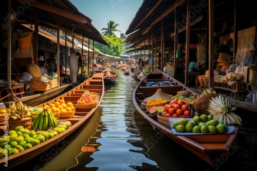Aromatic Floating food market river. Canal river. Generate Ai © juliars