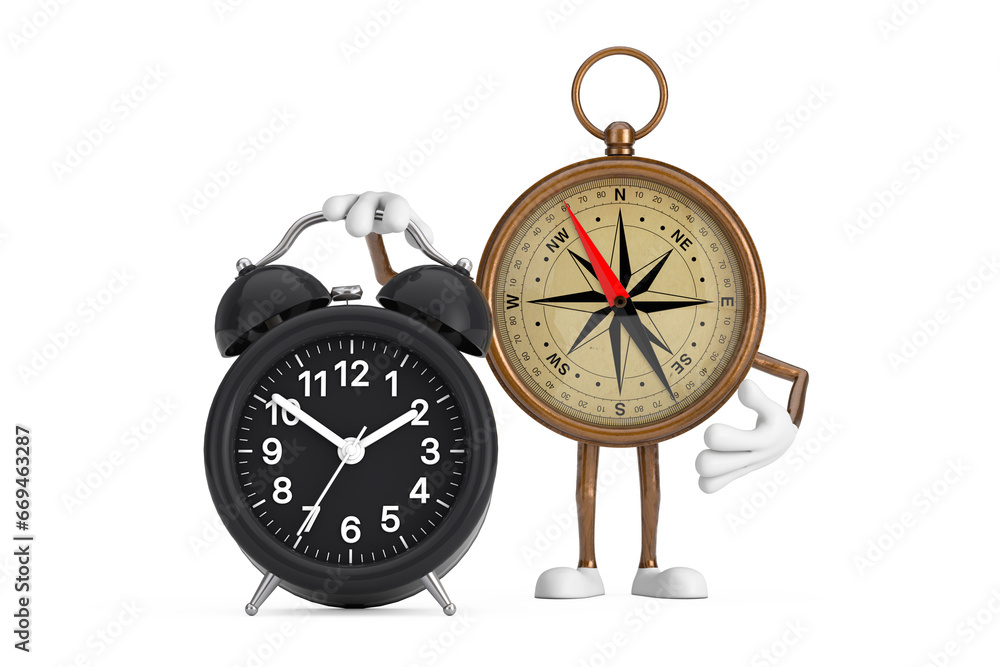 Antique Vintage Brass Compass Cartoon Person Character Mascot  with Alarm Clock. 3d Rendering
