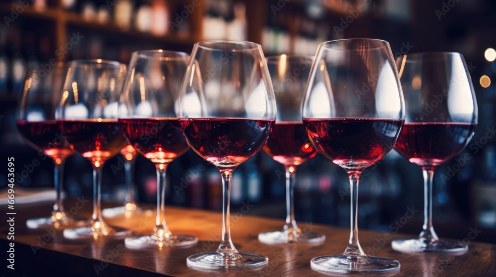 Red wine glasses on the table on blurred restaurant background