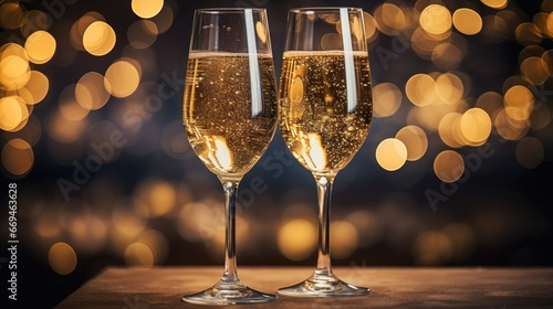 Two glasses of champagne on the table on blurred bokeh lights background with space for copy