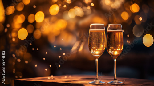 Champagne glasses toasting for a Happy New Year with a golden bokeh background