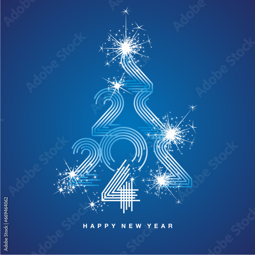 New Year 2024 abstract Christmas tree made by multiply line design 2024 year numbers shining sparkle firework blue background greeting card