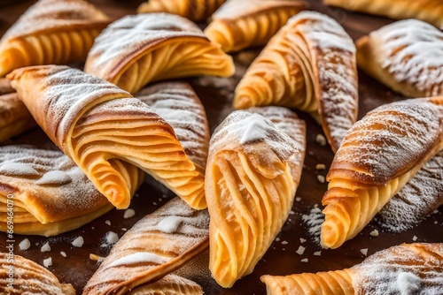 croissant on a plate, Homemade sweets from gazelle horns for Ramadan. Close-up detail shot of fresh baked Kaab El Ghazal, a Moroccan sweet also known as gazelle horns photo