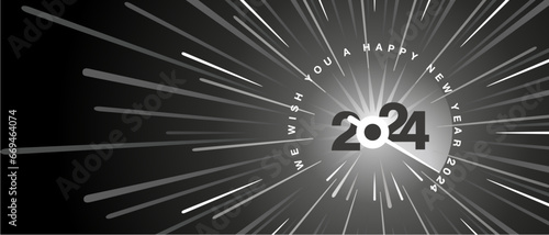 We wish you a Happy New Year 2024. Black white type typography black background. high warp speed space with speedometer shape needle moving to the year number 2024. 2024 start greeting card