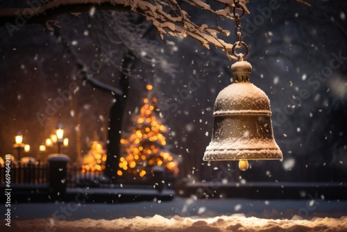 A Majestic Church Bell, Covered in a Delicate Layer of Fresh Snow, Glistening Under the Soft Glow of Christmas Lights