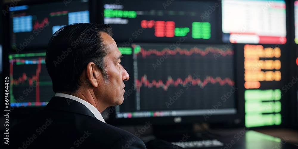 Back view of professional investor or broker analyzing stock, investment concept Back view of professional investor or broker analyzing stock, investment concept