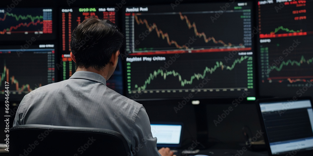 Back view of professional investor or broker analyzing stock, investment concept Back view of professional investor or broker analyzing stock, investment concept