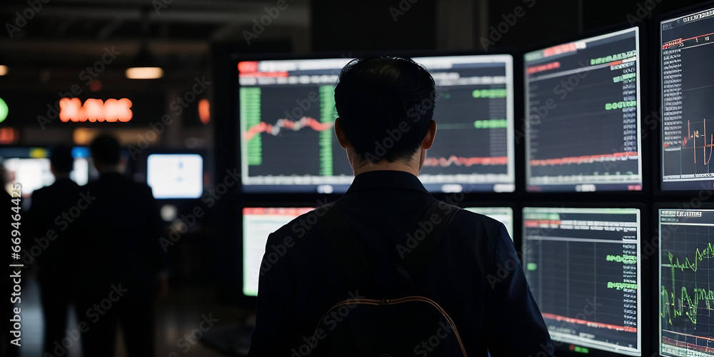 Back view of professional investor or broker analyzing stock, investment concept Back view of professional investor or broker analyzing stock, investment concept