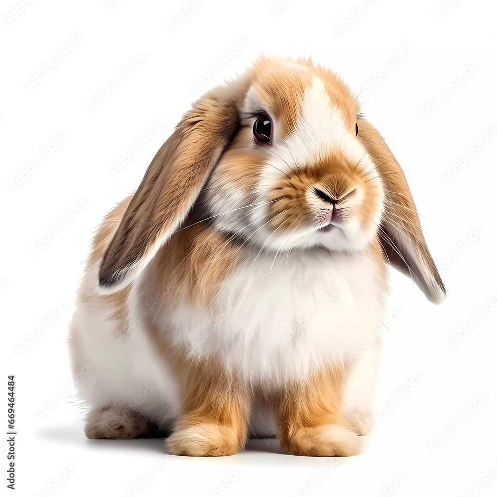 Adorable Petite Bunny: A Charming brown white lop-eared Rabbit Isolated on White Background Adorable Petite Bunny: A Charming brown white lop-eared Rabbit Isolated on White Background