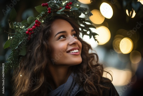 A hopeful woman holding a mistletoe above her head, waiting for a Christmas kiss under the twinkling holiday lights photo