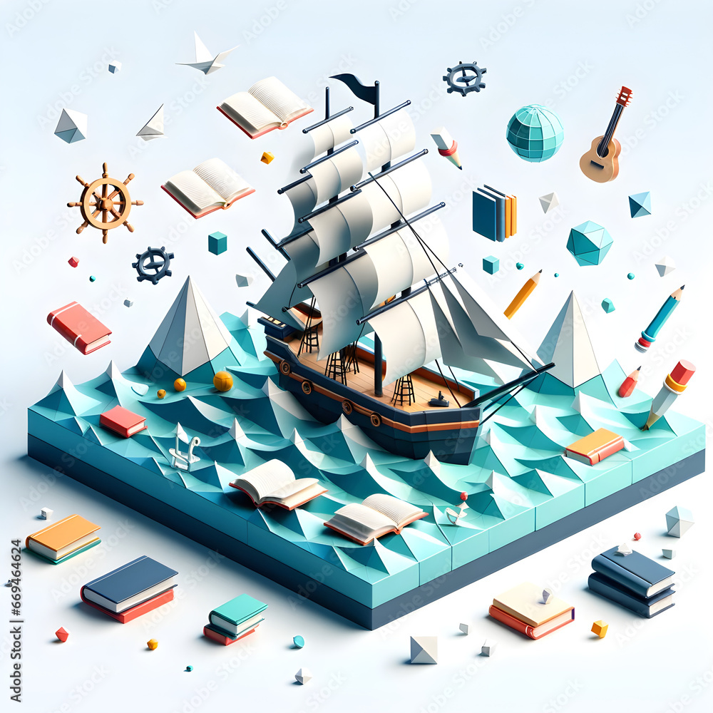 3D Isometric Exploration of Knowledge: Sailboat Navigating Ocean of Books, Concept of Education, Learning Adventure, and Imagination Journey
