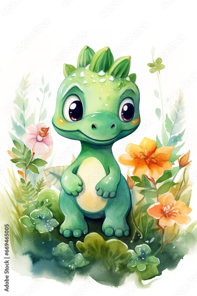 Fototapeta premium cute green watercolour baby dinosaur poping out of the bushes, cute green baby dinosaur with colourful flowers, watercolor cartoonish style illustration